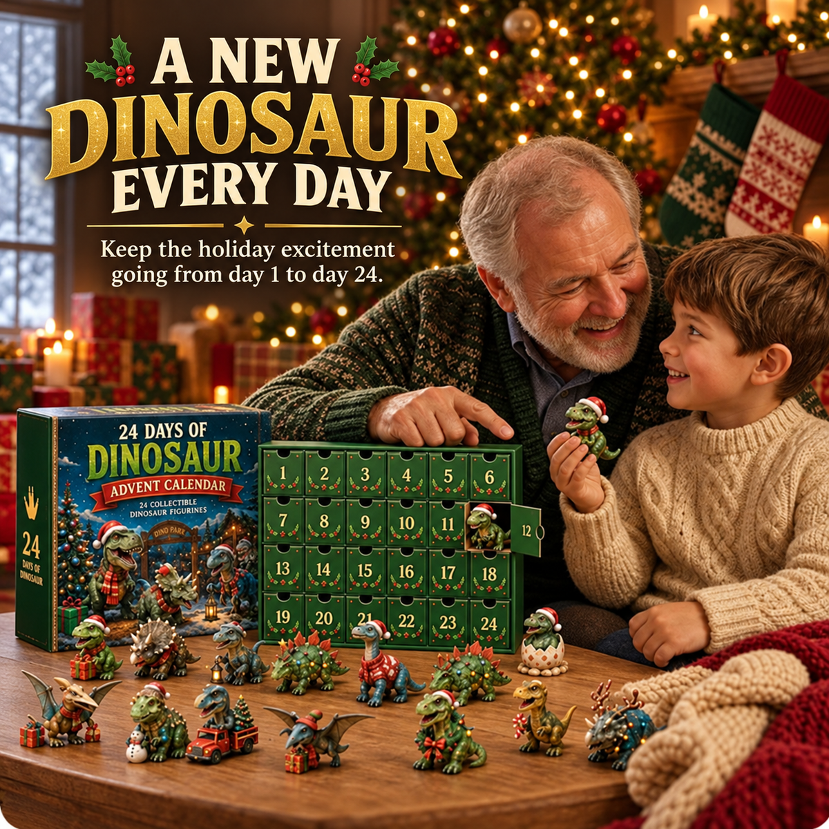 24 Days of Dinosaur Christmas AdventCalendar - 24 Collectible Dino Figurines &Holiday Surprises🎁